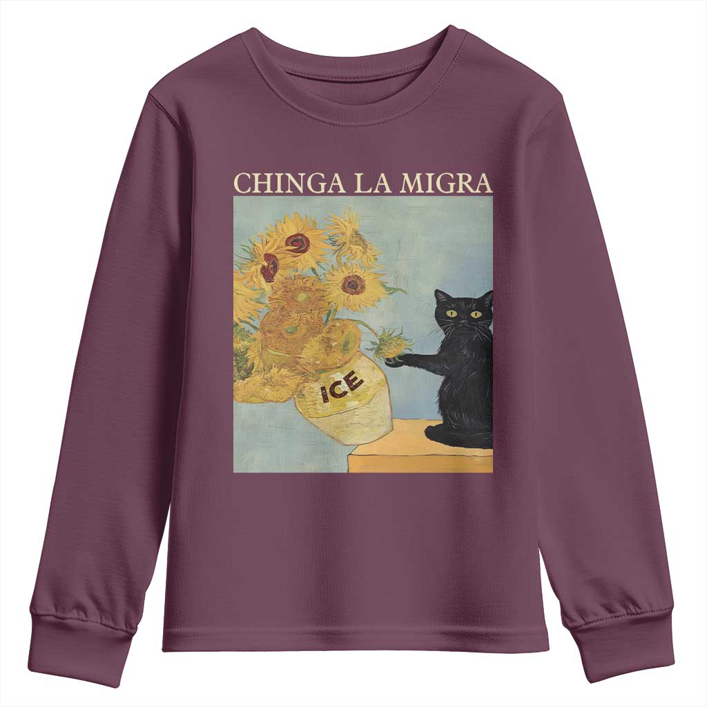 Chinga la Migra Youth Sweatshirt Subtle FDT Black Cat Meme Van Gogh Art TS10 Maroon Print Your Wear