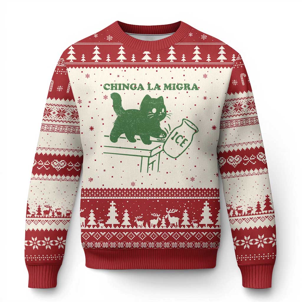 Chinga la Migra Ugly Christmas Sweater Funny Subtle FDT Cat Meme TS10 Beige Red Print Your Wear