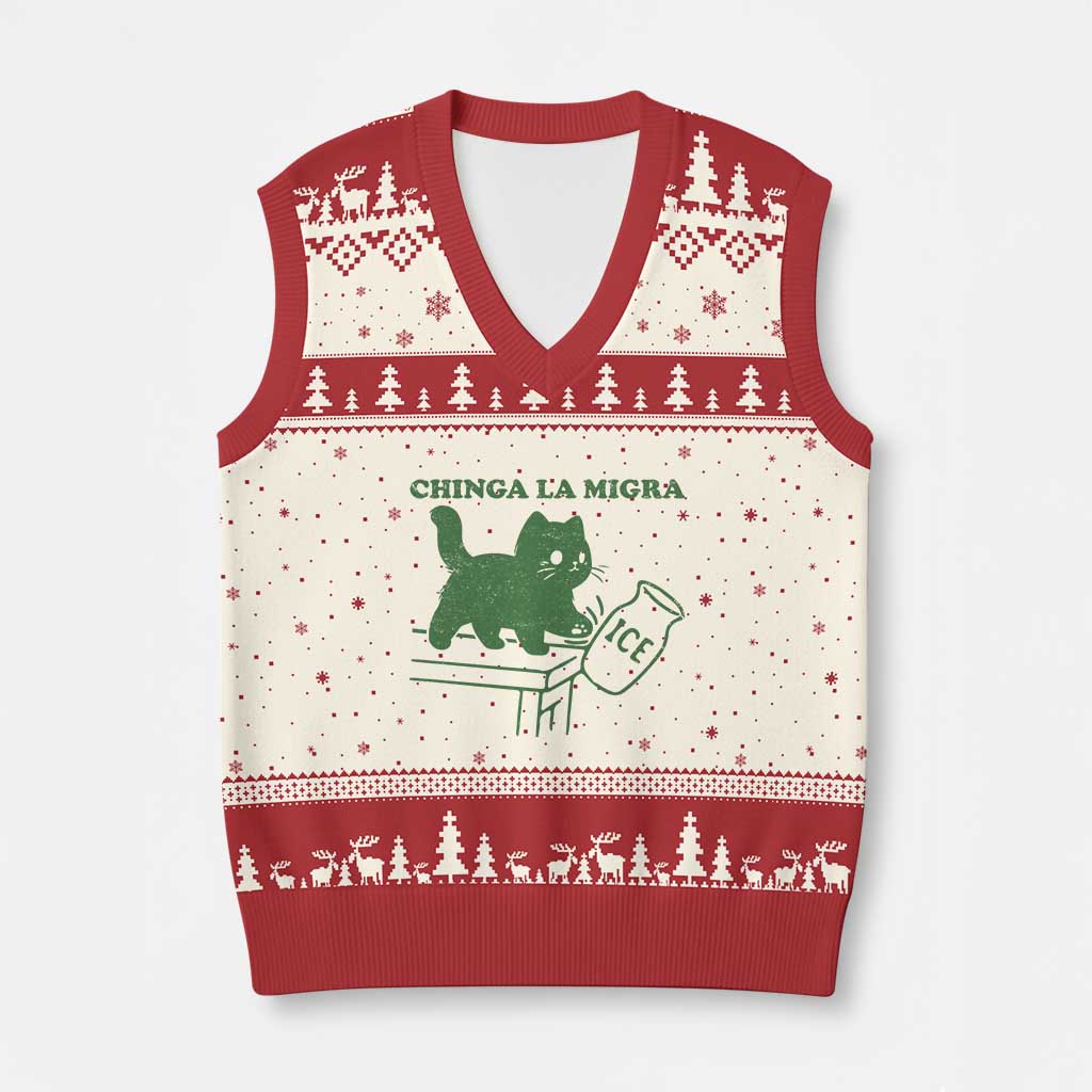Chinga la Migra V-Neck Knit Sweater Vest Funny Subtle FDT Cat Meme TS10 Beige Red Print Your Wear
