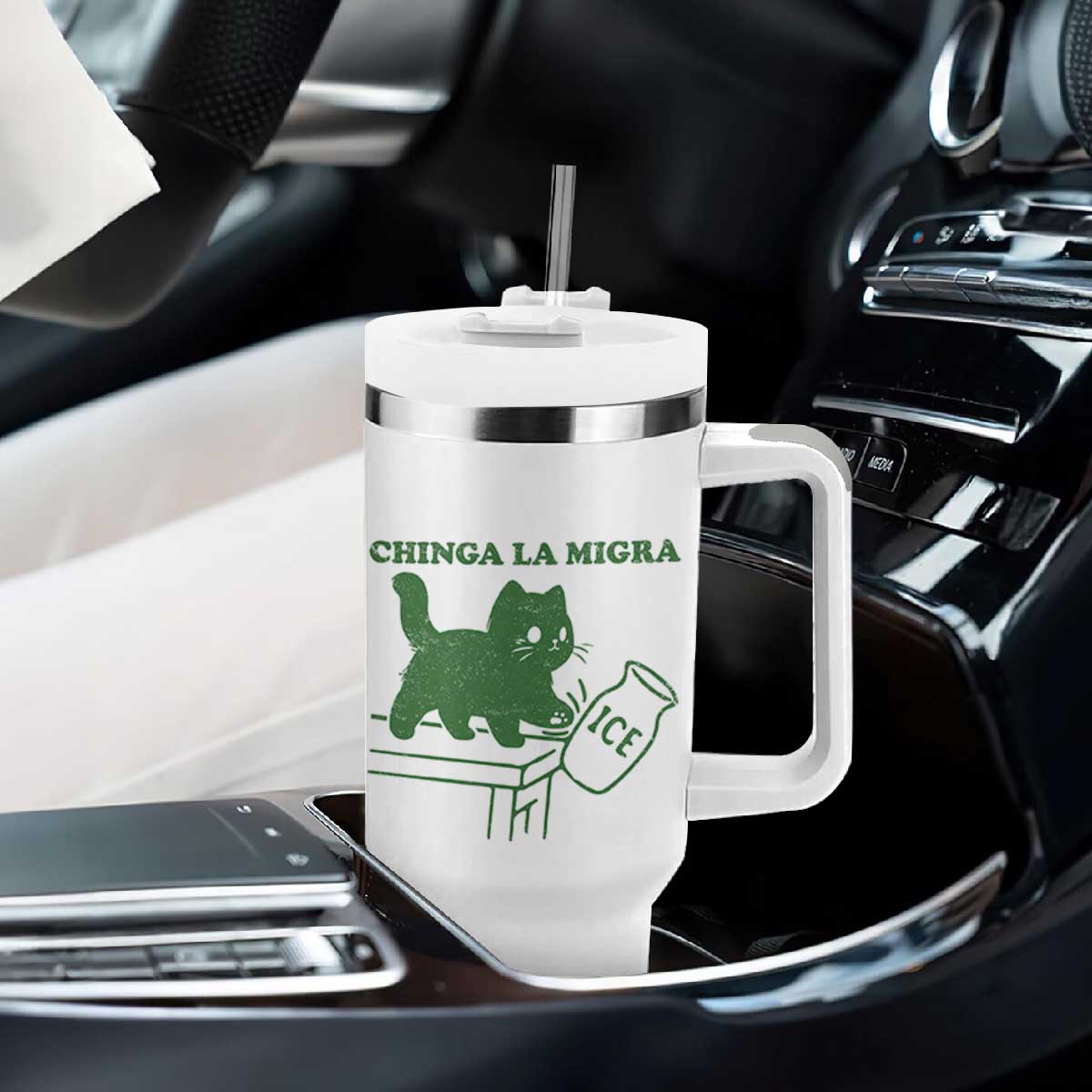 Chinga la Migra Tumbler With Handle Funny Subtle FDT Cat Meme TS10 Print Your Wear