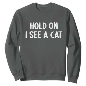 Hold On I See A Cat Sweatshirt Funny Pet Parent Humor Cat Person TS10 Dark Heather Print Your Wear