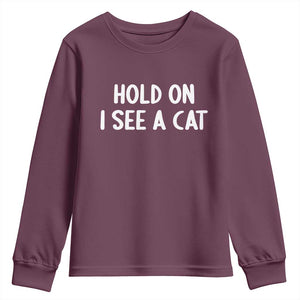 Hold On I See A Cat Youth Sweatshirt Funny Pet Parent Humor Cat Person TS10 Maroon Print Your Wear