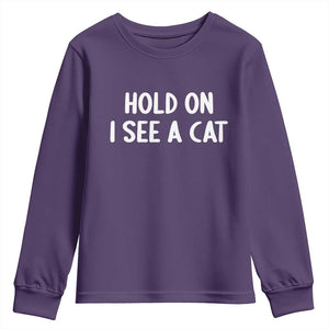 Hold On I See A Cat Youth Sweatshirt Funny Pet Parent Humor Cat Person TS10 Purple Print Your Wear