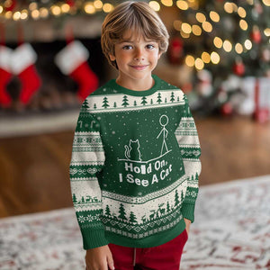 Hold On I See A Cat Ugly Christmas Sweater Funny Cat Person Stick Figure Graphic TS10 Forest Green Beige Print Your Wear