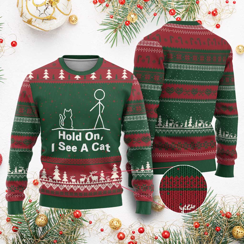 Hold On I See A Cat Ugly Christmas Sweater Funny Cat Person Stick Figure Graphic TS10 Red Green Print Your Wear