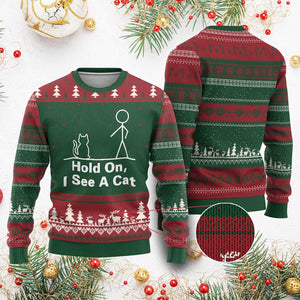 Hold On I See A Cat Ugly Christmas Sweater Funny Cat Person Stick Figure Graphic TS10 Red Green Print Your Wear