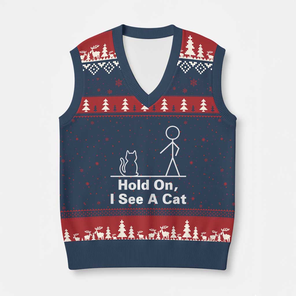 Hold On I See A Cat V-Neck Knit Sweater Vest Funny Cat Person Stick Figure Graphic TS10 Navy Red Print Your Wear