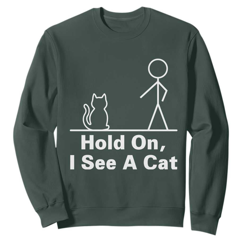 Hold On I See A Cat Sweatshirt Funny Cat Person Stick Figure Graphic TS10 Dark Forest Green Print Your Wear