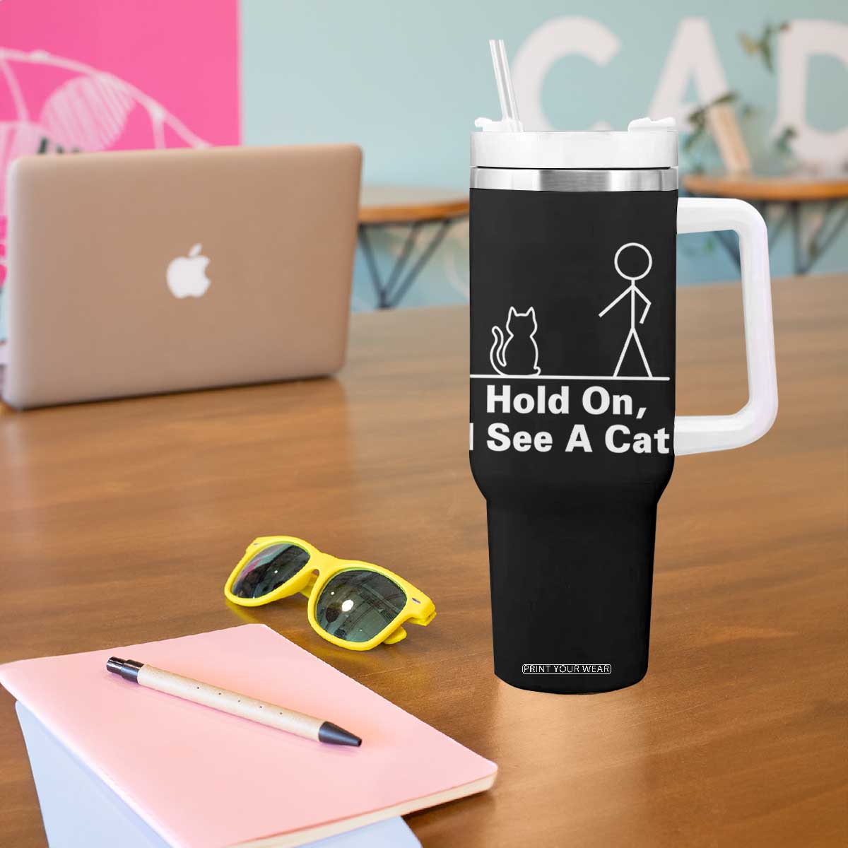 Hold On I See A Cat Tumbler With Handle Funny Cat Person Stick Figure Graphic TS10 Print Your Wear
