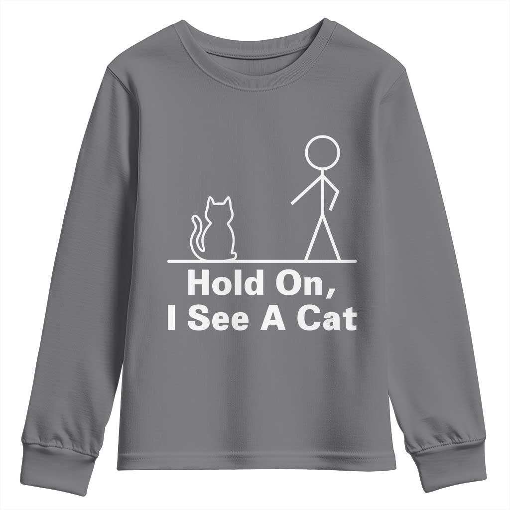 Hold On I See A Cat Youth Sweatshirt Funny Cat Person Stick Figure Graphic TS10 Charcoal Print Your Wear
