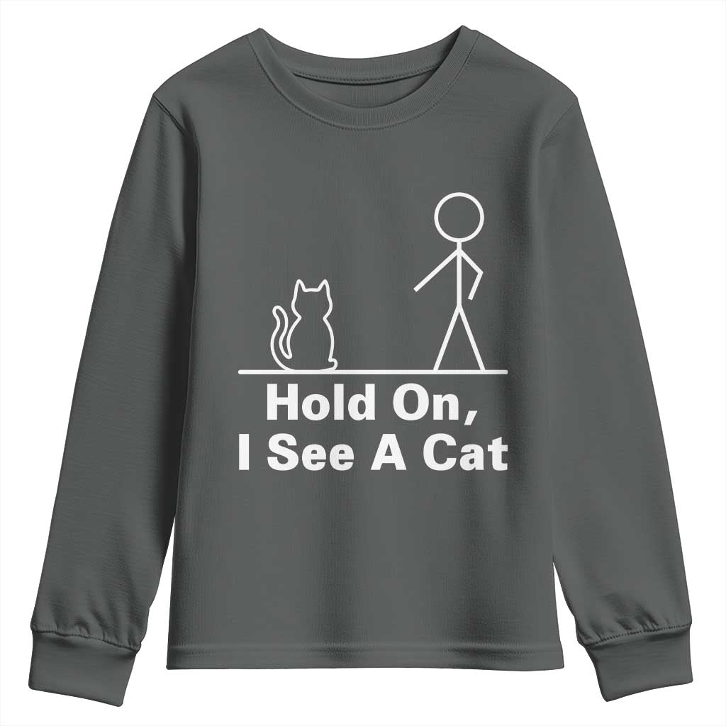 Hold On I See A Cat Youth Sweatshirt Funny Cat Person Stick Figure Graphic TS10 Dark Heather Print Your Wear