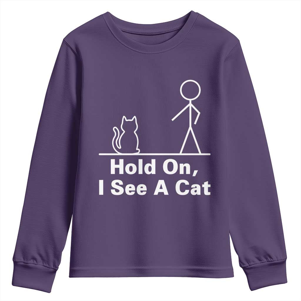 Hold On I See A Cat Youth Sweatshirt Funny Cat Person Stick Figure Graphic TS10 Purple Print Your Wear