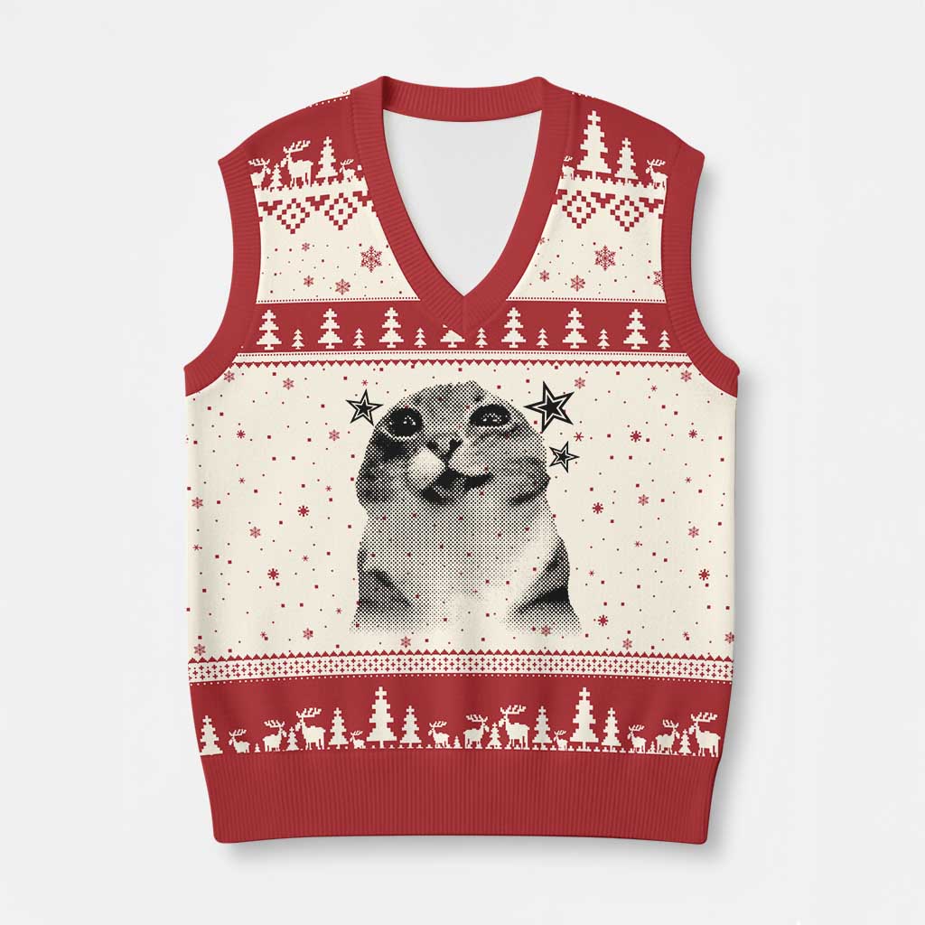 Funny Y2k Cat Meme V-Neck Knit Sweater Vest Vintage Retro Silly Cats Cats lover Gift TS10 Beige Red Print Your Wear