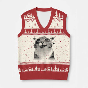 Funny Y2k Cat Meme V-Neck Knit Sweater Vest Vintage Retro Silly Cats Cats lover Gift TS10 Beige Red Print Your Wear