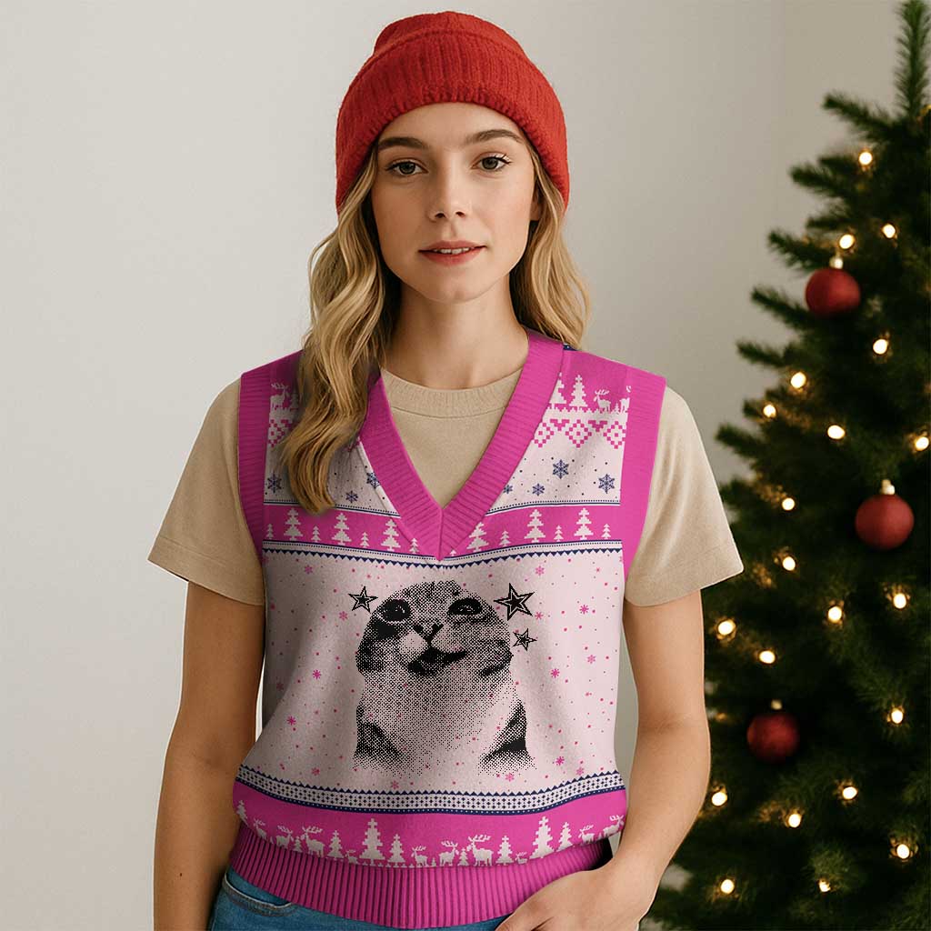 Funny Y2k Cat Meme V-Neck Knit Sweater Vest Vintage Retro Silly Cats Cats lover Gift TS10 Hot Pink Print Your Wear