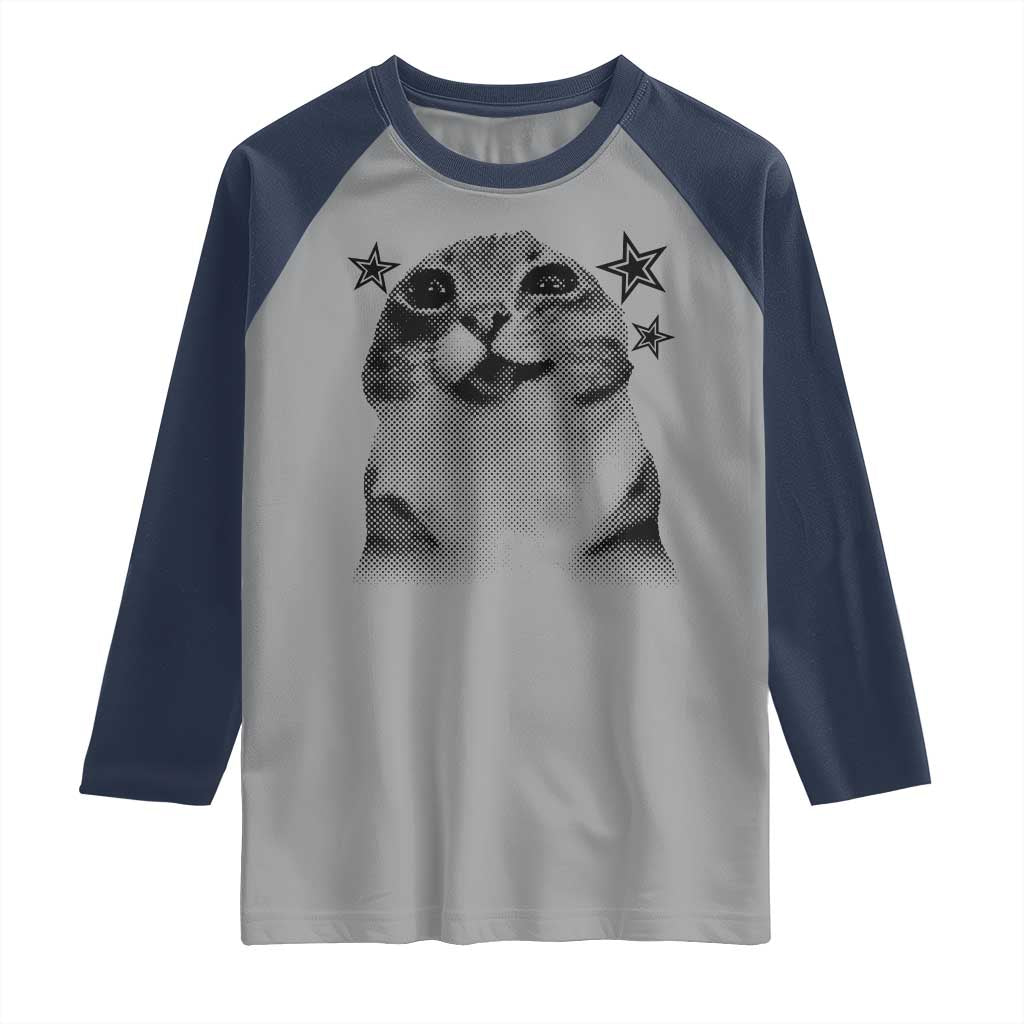 Funny Y2k Cat Meme Raglan Shirt Vintage Retro Silly Cats Cats lover Gift TS10 Sport Gray Navy Print Your Wear