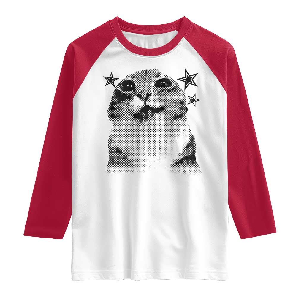 Funny Y2k Cat Meme Raglan Shirt Vintage Retro Silly Cats Cats lover Gift TS10 White Red Print Your Wear