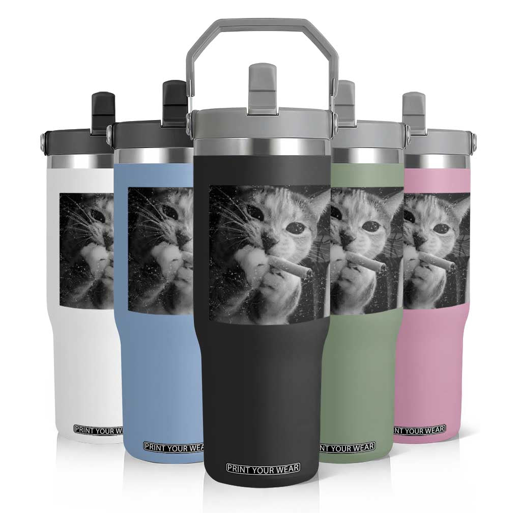 Smoking Cat Y2K Flip Straw Tumbler Vintage Grunge Cat Edgy Retro 90s Streetwear TS10 Print Your Wear