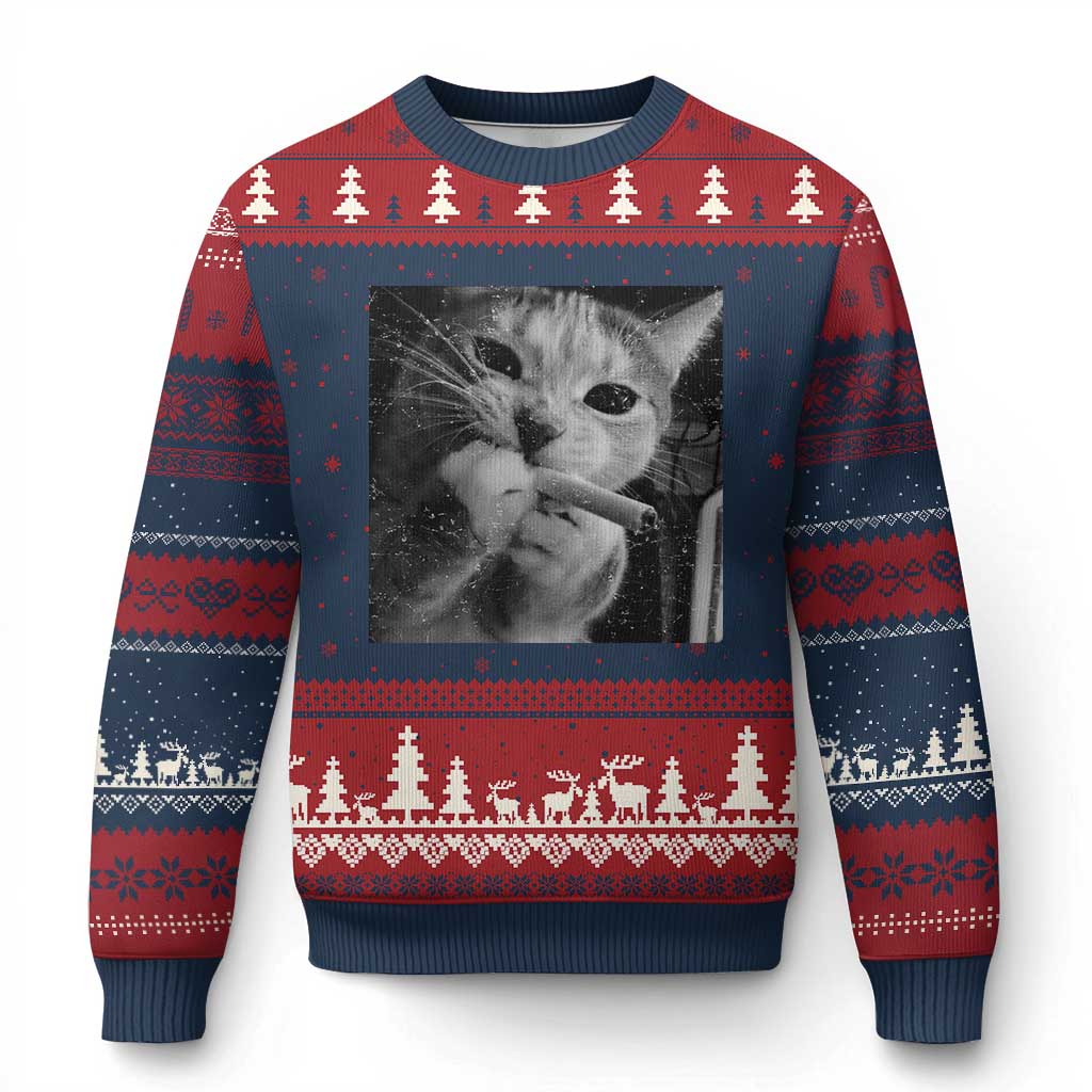 Smoking Cat Y2K Ugly Christmas Sweater Vintage Grunge Cat Edgy Retro 90s Streetwear TS10 Navy Red Print Your Wear
