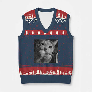 Smoking Cat Y2K V-Neck Knit Sweater Vest Vintage Grunge Cat Edgy Retro 90s Streetwear TS10 Navy Red Print Your Wear