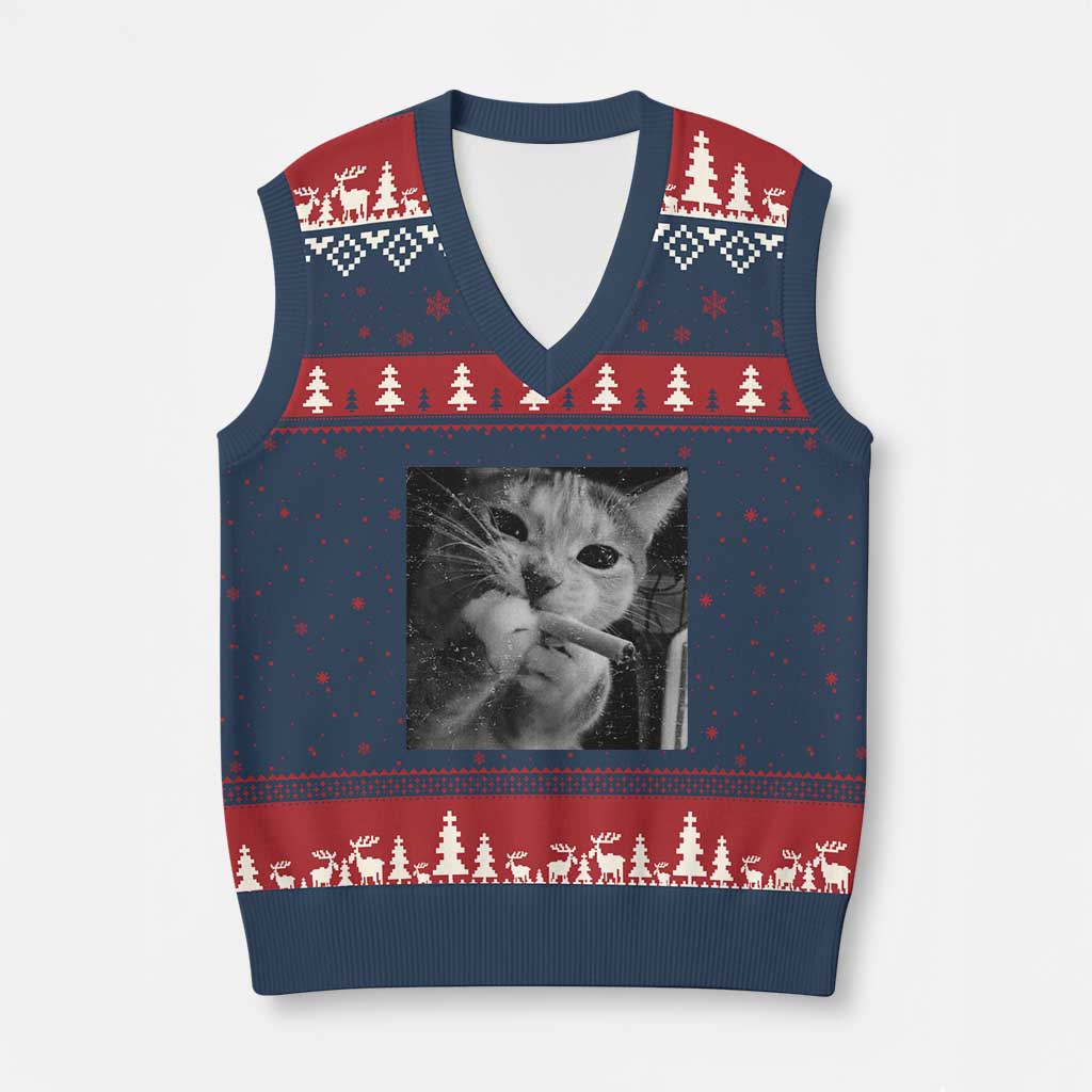 Smoking Cat Y2K V-Neck Knit Sweater Vest Vintage Grunge Cat Edgy Retro 90s Streetwear TS10 Navy Red Print Your Wear