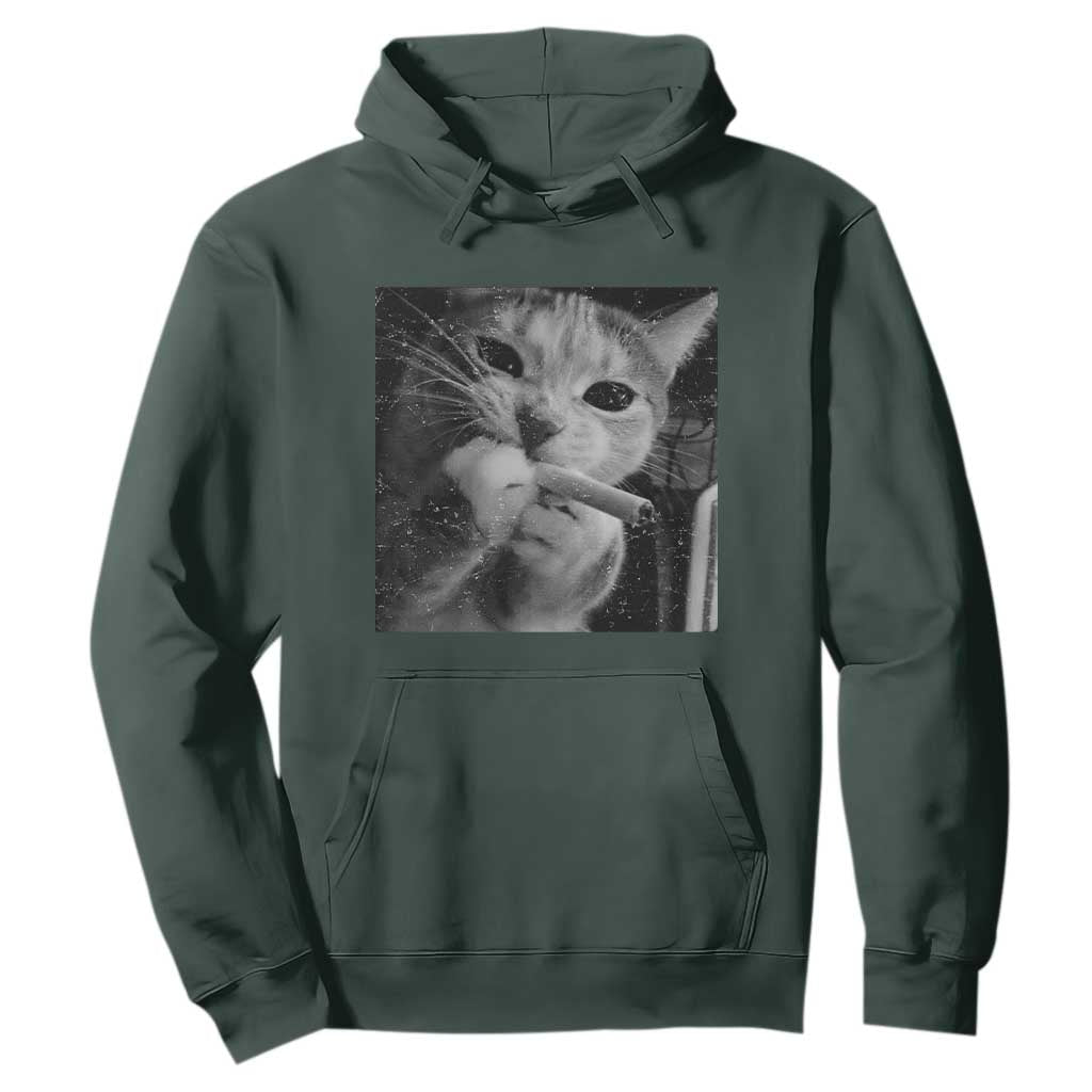 Smoking Cat Y2K Hoodie Vintage Grunge Cat Edgy Retro 90s Streetwear TS10 Dark Forest Green Print Your Wear