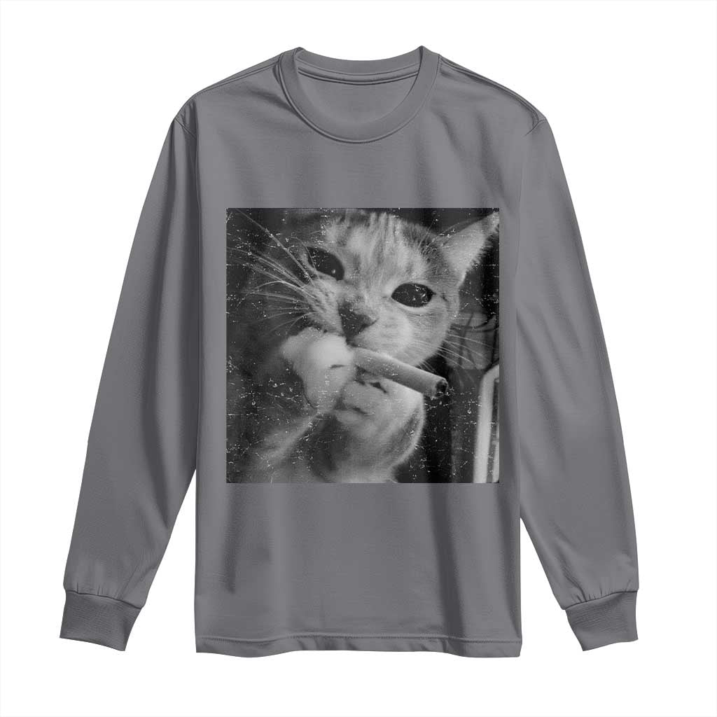 Smoking Cat Y2K Long Sleeve Shirt Vintage Grunge Cat Edgy Retro 90s Streetwear TS10 Charcoal Print Your Wear