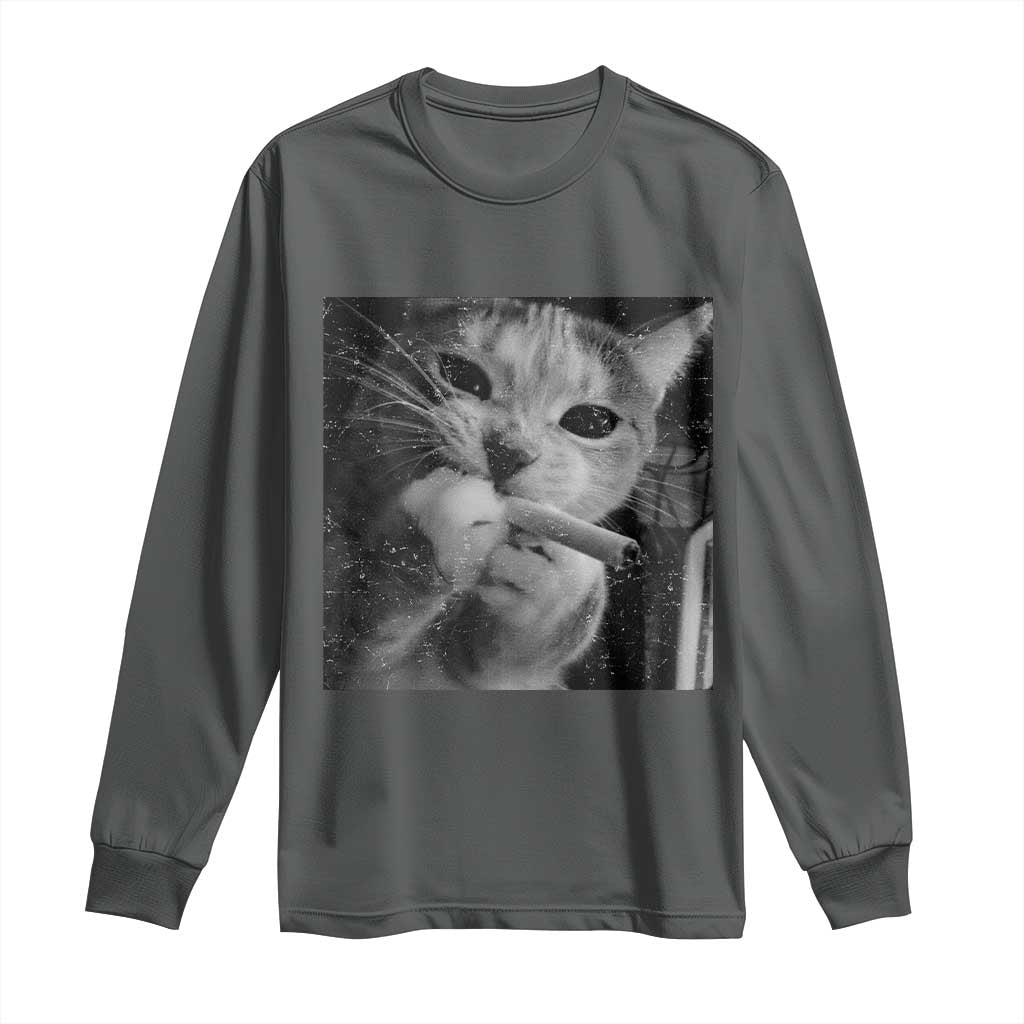 Smoking Cat Y2K Long Sleeve Shirt Vintage Grunge Cat Edgy Retro 90s Streetwear TS10 Dark Heather Print Your Wear