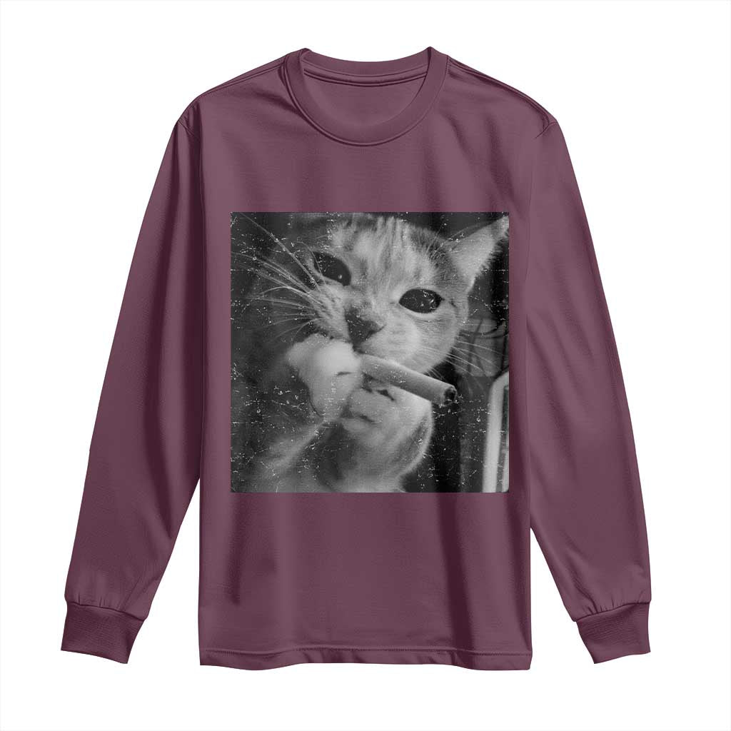Smoking Cat Y2K Long Sleeve Shirt Vintage Grunge Cat Edgy Retro 90s Streetwear TS10 Maroon Print Your Wear