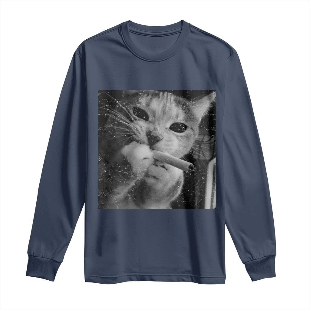 Smoking Cat Y2K Long Sleeve Shirt Vintage Grunge Cat Edgy Retro 90s Streetwear TS10 Navy Print Your Wear