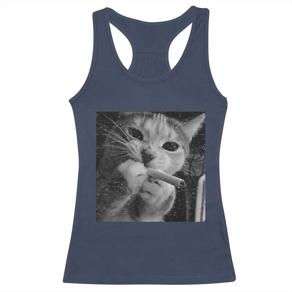 Smoking Cat Y2K Racerback Tank Top Vintage Grunge Cat Edgy Retro 90s Streetwear TS10 Navy Print Your Wear