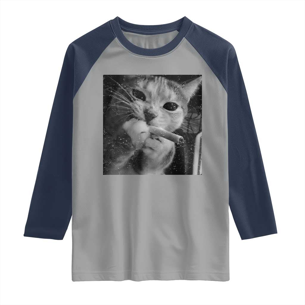 Smoking Cat Y2K Raglan Shirt Vintage Grunge Cat Edgy Retro 90s Streetwear TS10 Sport Gray Navy Print Your Wear