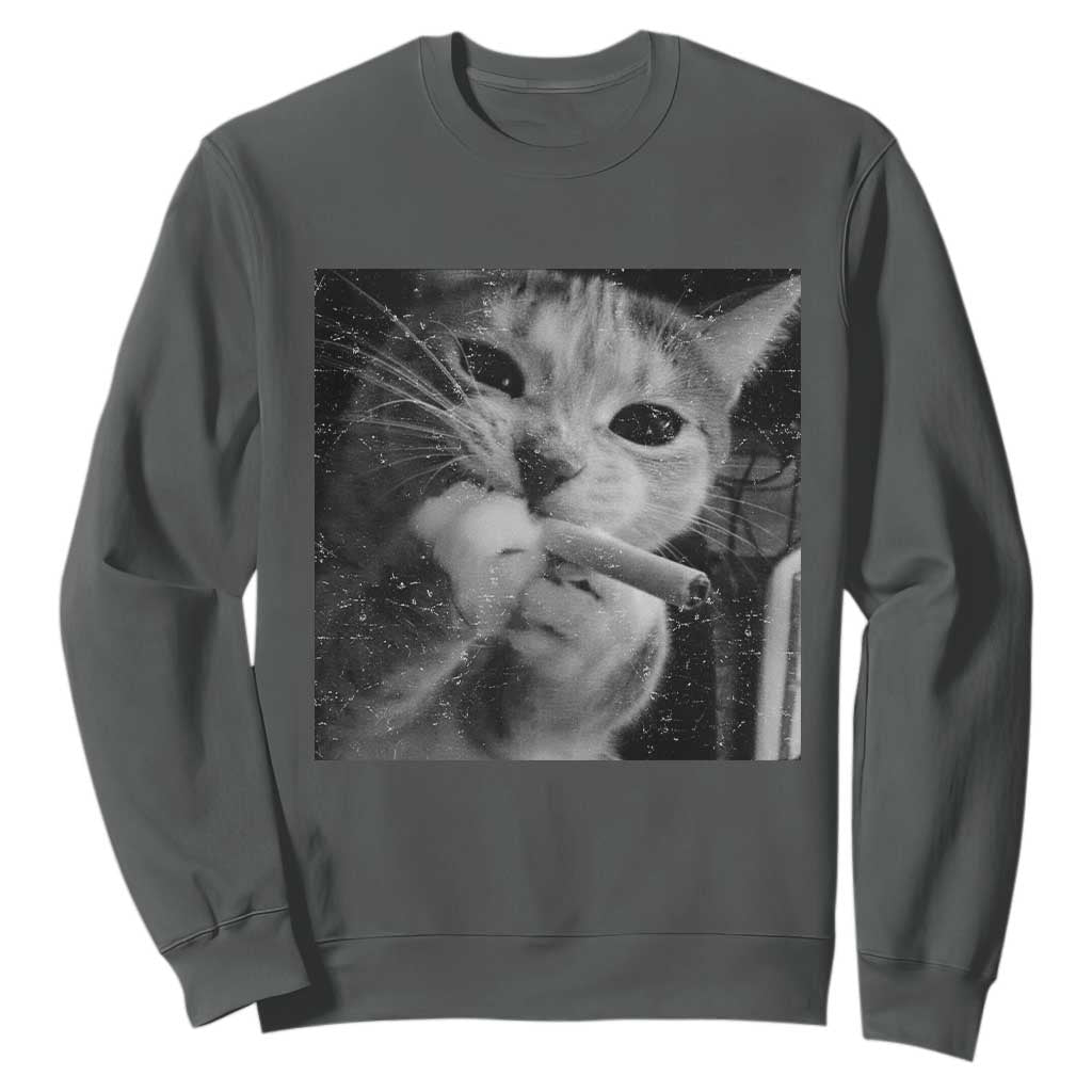 Smoking Cat Y2K Sweatshirt Vintage Grunge Cat Edgy Retro 90s Streetwear TS10 Dark Heather Print Your Wear