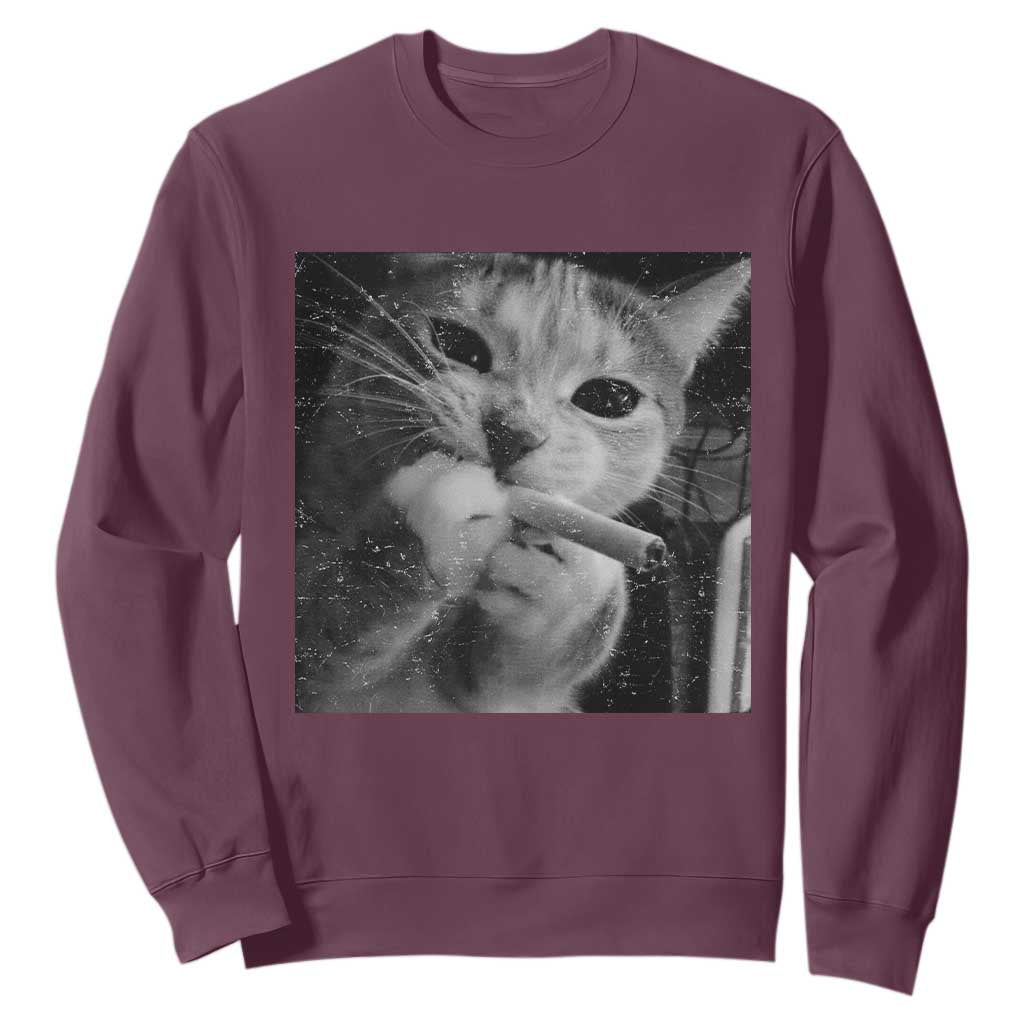 Smoking Cat Y2K Sweatshirt Vintage Grunge Cat Edgy Retro 90s Streetwear TS10 Maroon Print Your Wear