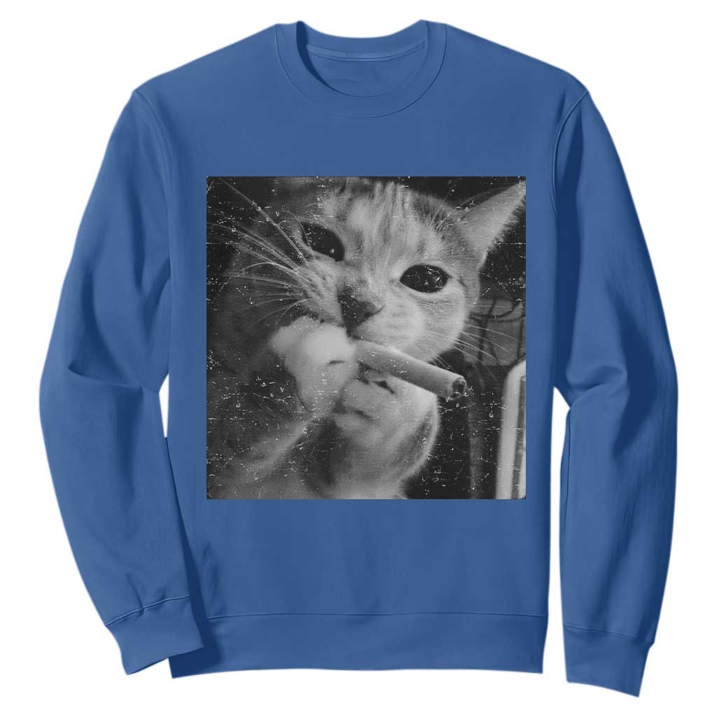 Smoking Cat Y2K Sweatshirt Vintage Grunge Cat Edgy Retro 90s Streetwear TS10 Royal Blue Print Your Wear
