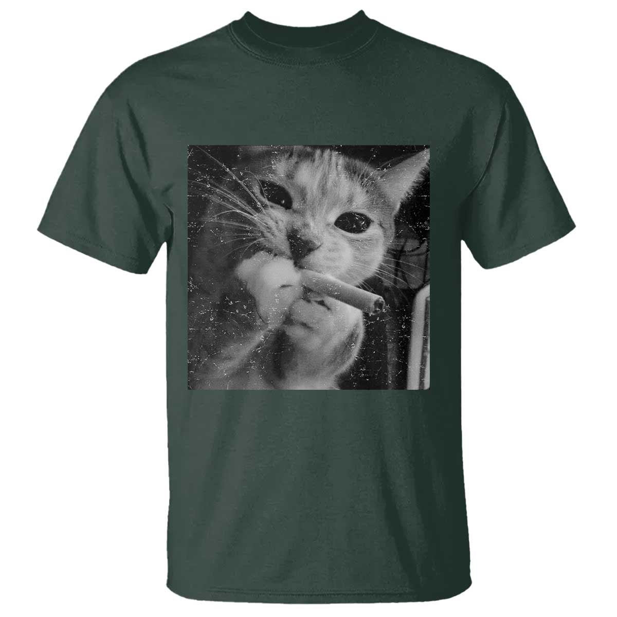 Smoking Cat Y2K T Shirt Vintage Grunge Cat Edgy Retro 90s Streetwear TS10 Dark Forest Green Print Your Wear