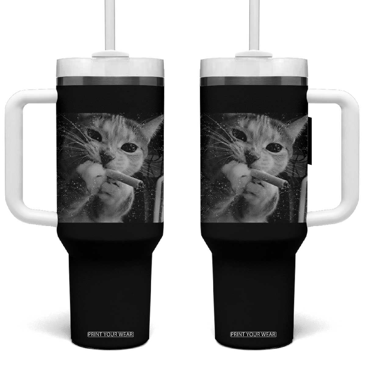 Smoking Cat Y2K Tumbler With Handle Vintage Grunge Cat Edgy Retro 90s Streetwear TS10 One Size: 40 oz Black Print Your Wear