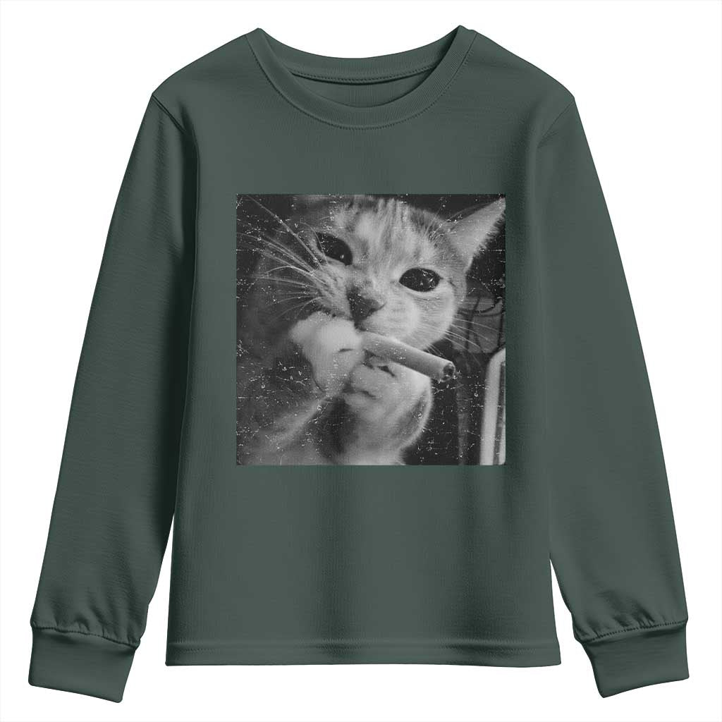 Smoking Cat Y2K Youth Sweatshirt Vintage Grunge Cat Edgy Retro 90s Streetwear TS10 Dark Forest Green Print Your Wear