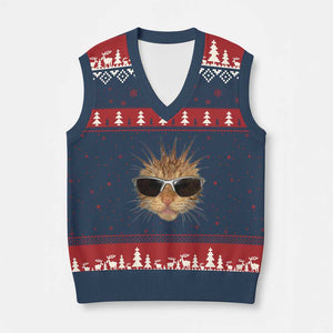 Funny Y2k Retro Cat Meme V-Neck Knit Sweater Vest Vintage Cat Edgy Retro 90s Streetwear TS10 Navy Red Print Your Wear