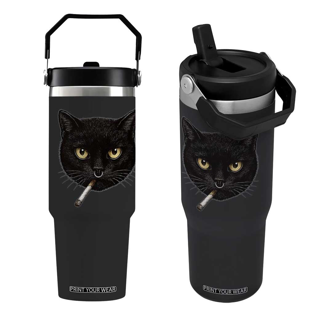 Smoking Cat Y2K Flip Straw Tumbler Vintage Black Cat Edgy Retro 90s Grunge TS10 One Size: 30 oz Black Print Your Wear