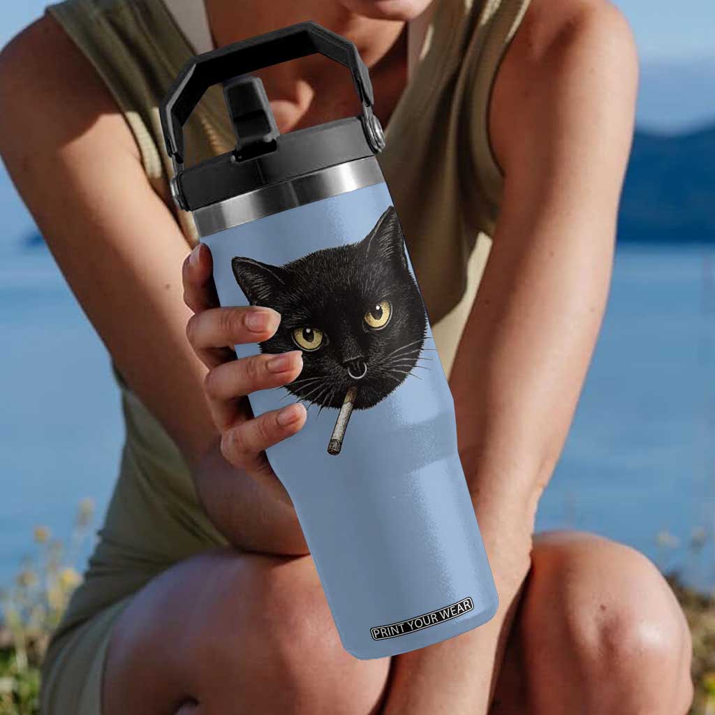 Smoking Cat Y2K Flip Straw Tumbler Vintage Black Cat Edgy Retro 90s Grunge TS10 One Size: 30 oz Light Blue Print Your Wear