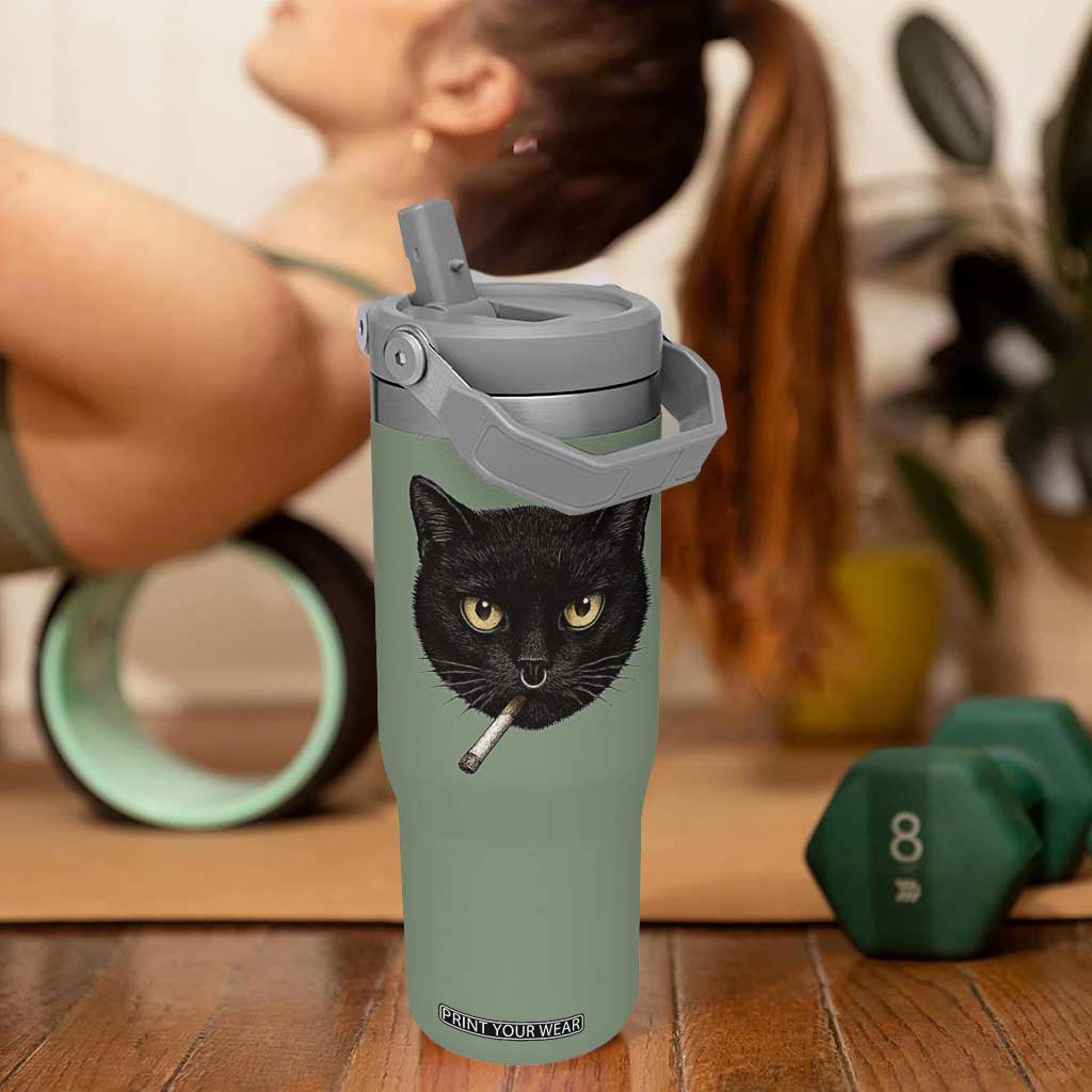 Smoking Cat Y2K Flip Straw Tumbler Vintage Black Cat Edgy Retro 90s Grunge TS10 One Size: 30 oz Moss Green Print Your Wear