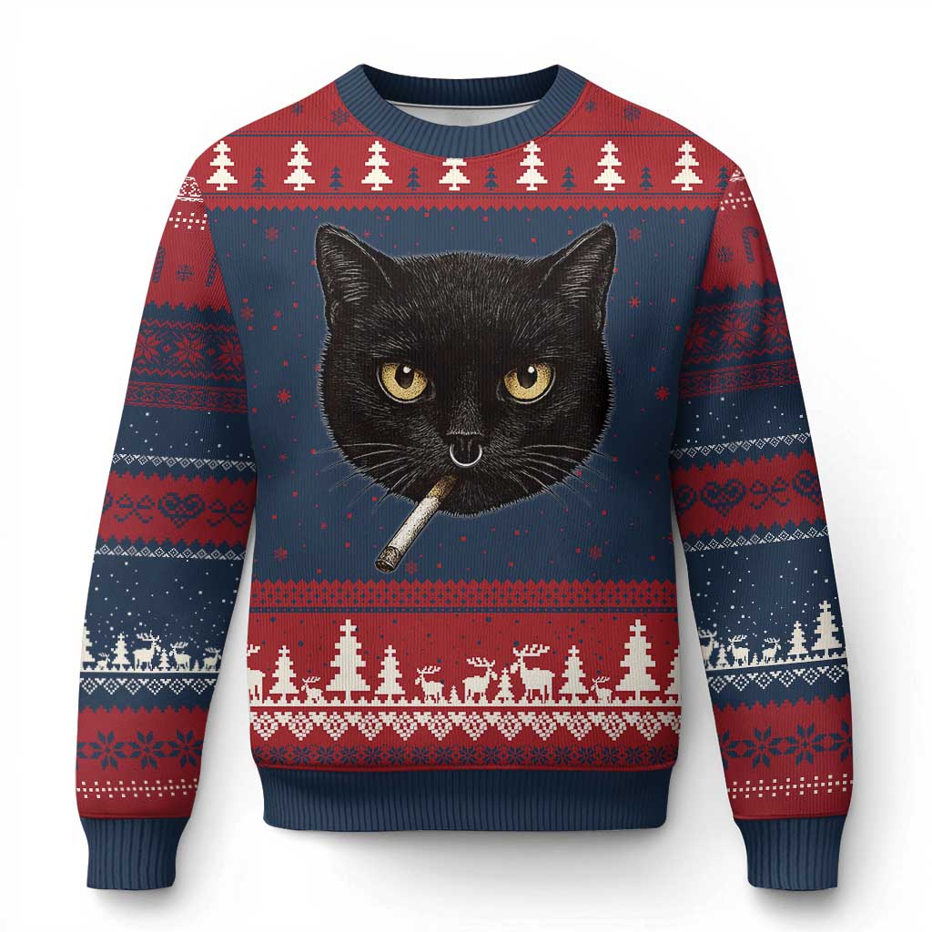 Smoking Cat Y2K Ugly Christmas Sweater Vintage Black Cat Edgy Retro 90s Grunge TS10 Navy Red Print Your Wear
