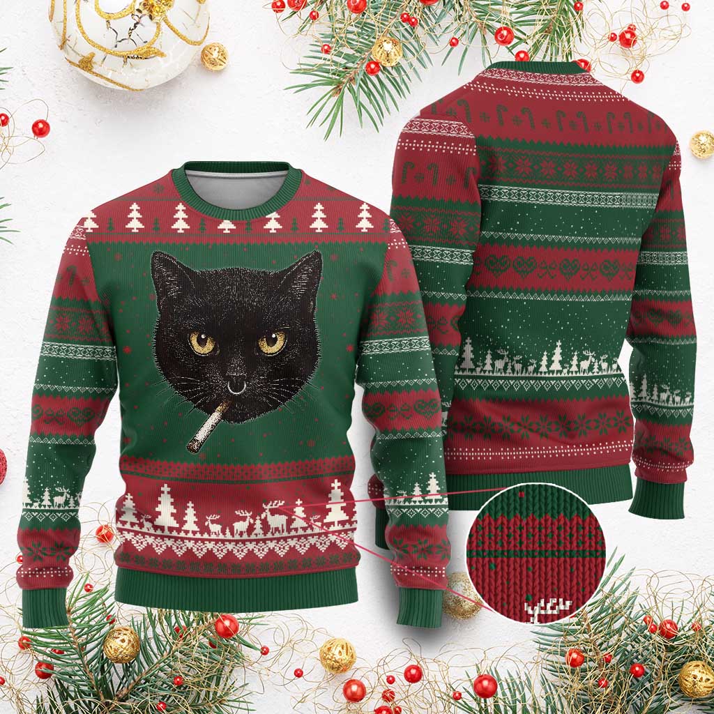 Smoking Cat Y2K Ugly Christmas Sweater Vintage Black Cat Edgy Retro 90s Grunge TS10 Red Green Print Your Wear