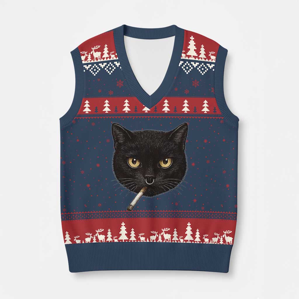 Smoking Cat Y2K V-Neck Knit Sweater Vest Vintage Black Cat Edgy Retro 90s Grunge TS10 Navy Red Print Your Wear