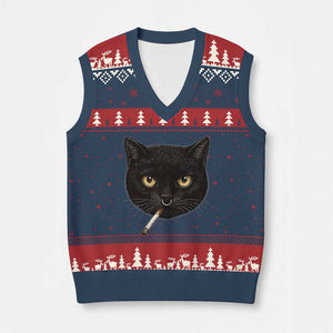 Smoking Cat Y2K V-Neck Knit Sweater Vest Vintage Black Cat Edgy Retro 90s Grunge TS10 Navy Red Print Your Wear