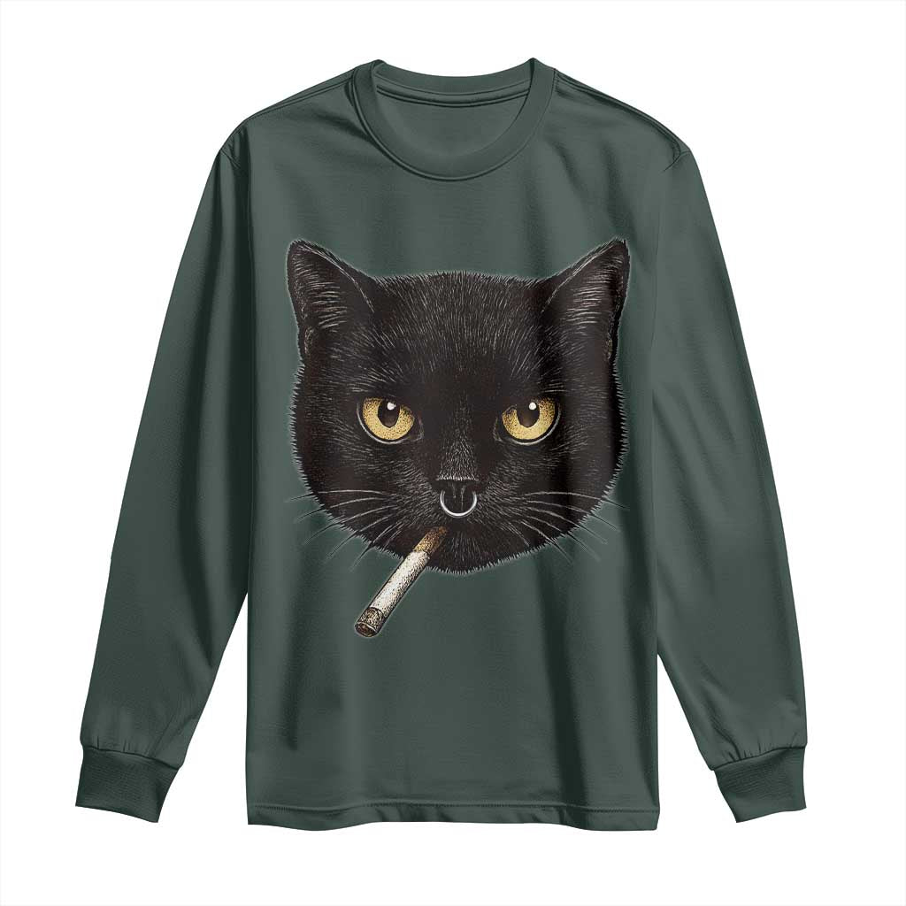 Smoking Cat Y2K Long Sleeve Shirt Vintage Black Cat Edgy Retro 90s Grunge TS10 Dark Forest Green Print Your Wear