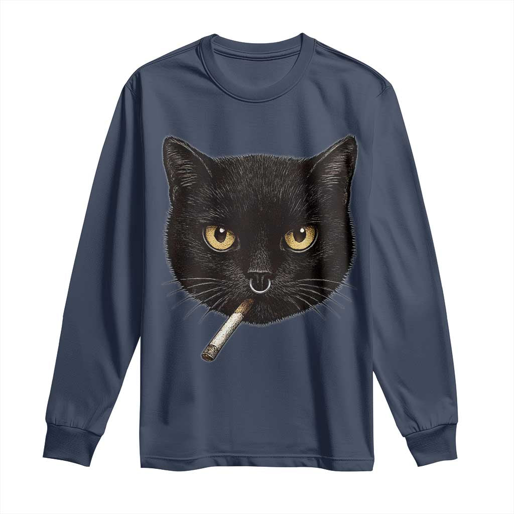 Smoking Cat Y2K Long Sleeve Shirt Vintage Black Cat Edgy Retro 90s Grunge TS10 Navy Print Your Wear