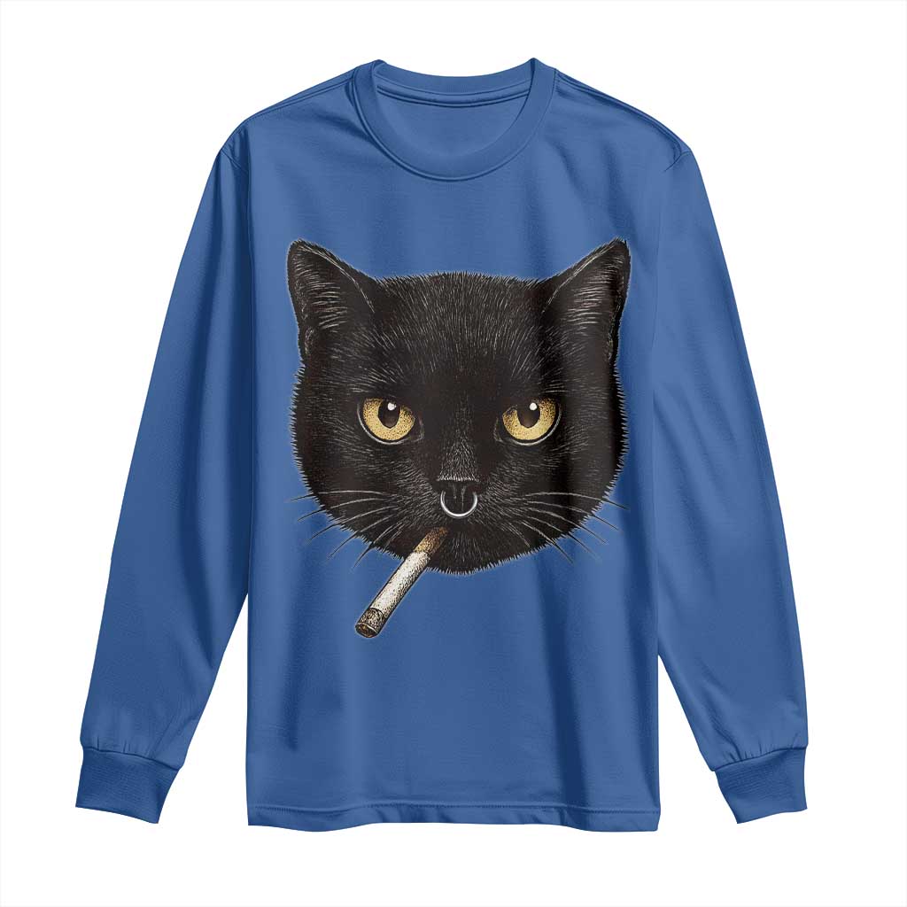 Smoking Cat Y2K Long Sleeve Shirt Vintage Black Cat Edgy Retro 90s Grunge TS10 Royal Blue Print Your Wear