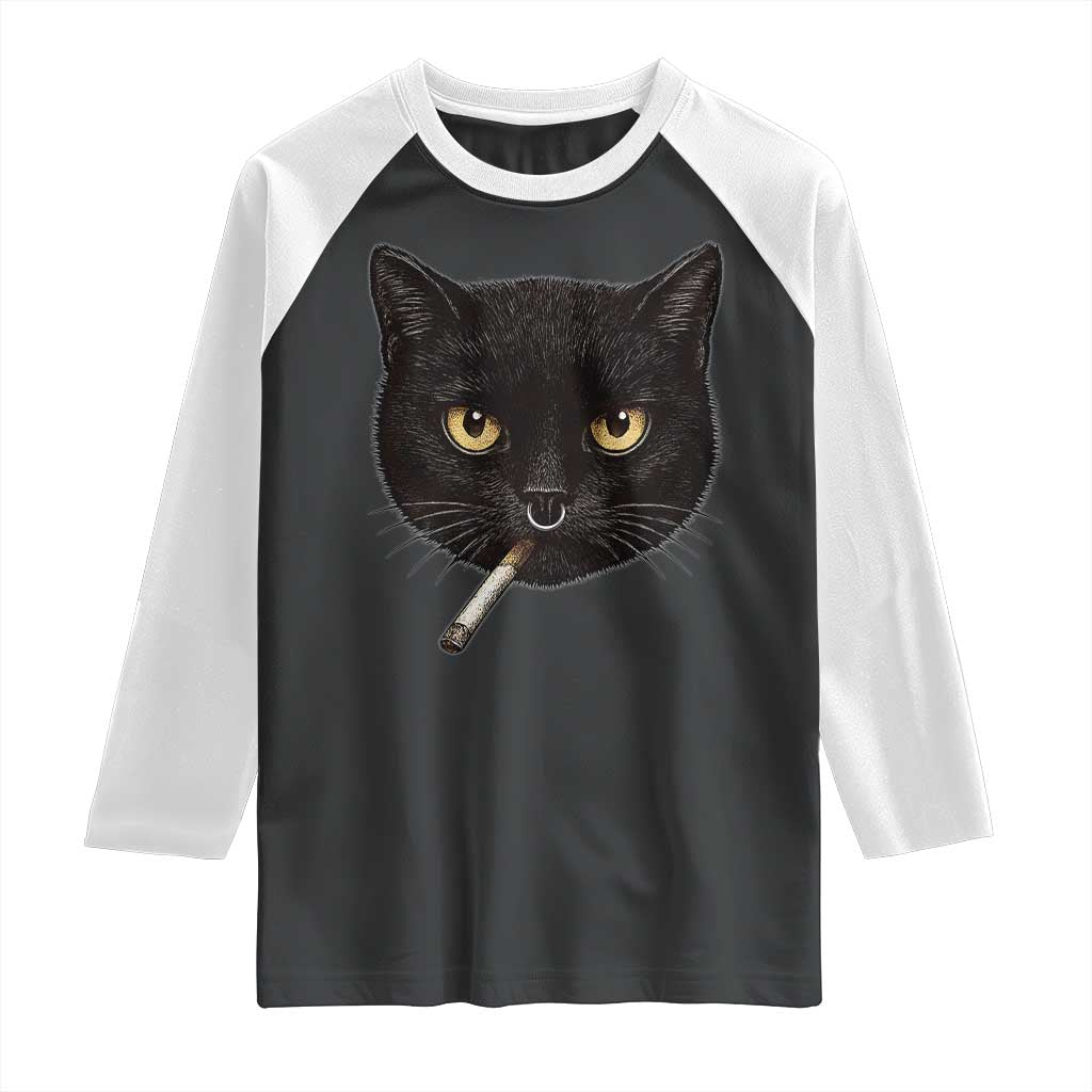 Smoking Cat Y2K Raglan Shirt Vintage Black Cat Edgy Retro 90s Grunge TS10 Black White Print Your Wear